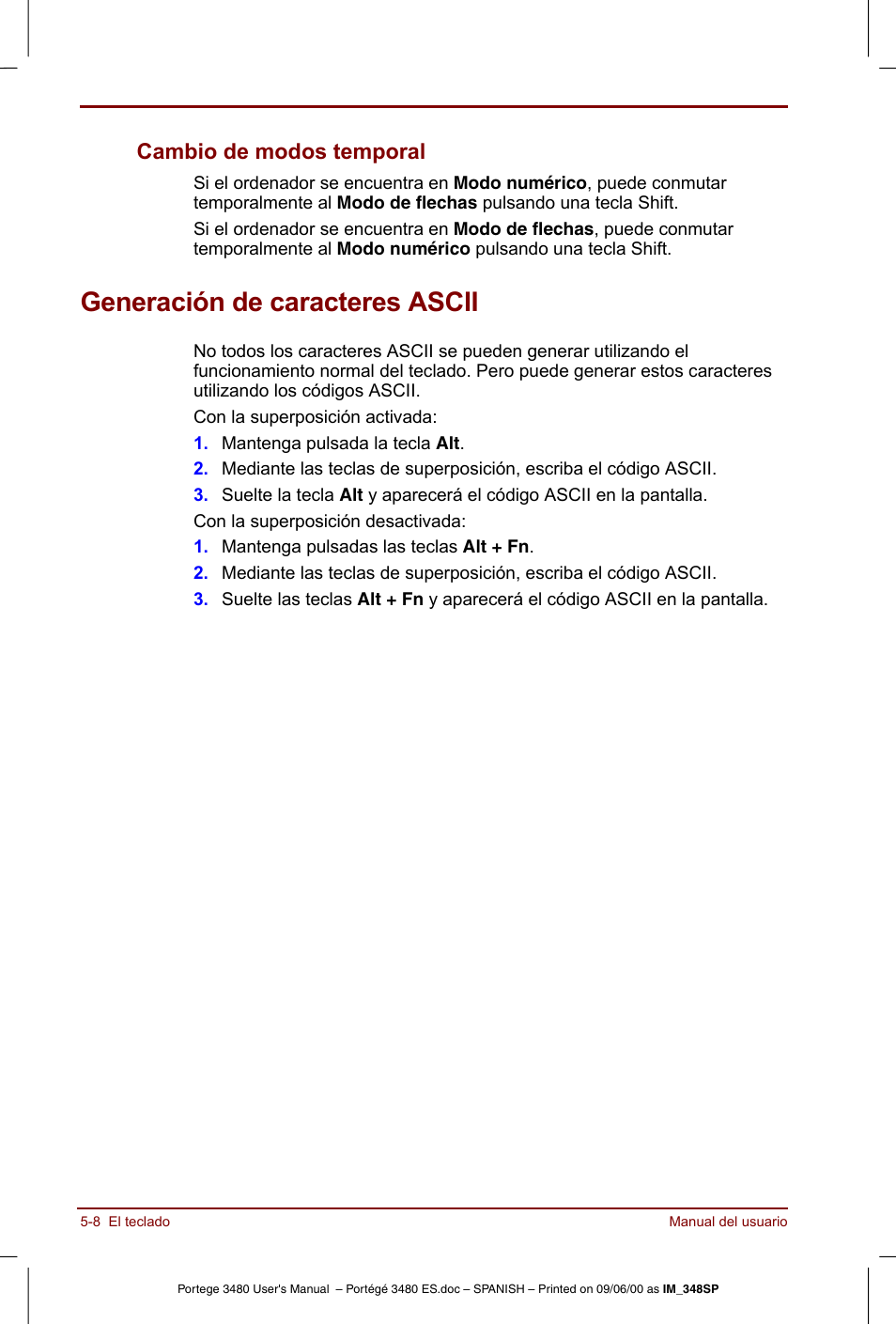 Generación de caracteres ascii, Cambio de modos temporal -8, Generación de caracteres ascii -8 | Cambio de modos temporal | Toshiba Portege 3440 User Manual | Page 71 / 213