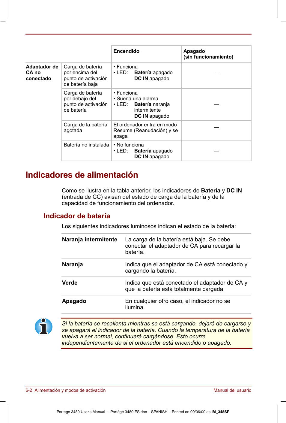Indicadores de alimentación, Indicadores de alimentación -2, Indicador de batería -2 | Indicador de batería | Toshiba Portege 3440 User Manual | Page 73 / 213