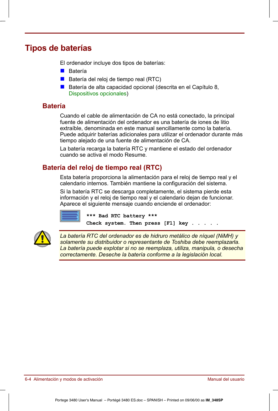 Tipos de baterías, Tipos de baterías -4, Batería | Batería del reloj de tiempo real (rtc) | Toshiba Portege 3440 User Manual | Page 75 / 213