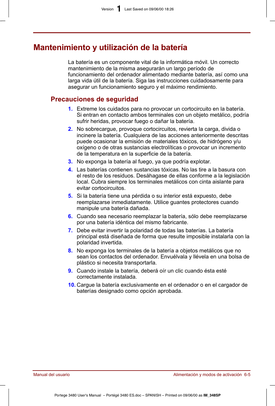 Mantenimiento y utilización de la batería, Mantenimiento y utilización de la batería -5, Precauciones de seguridad -5 | Precauciones de seguridad | Toshiba Portege 3440 User Manual | Page 76 / 213