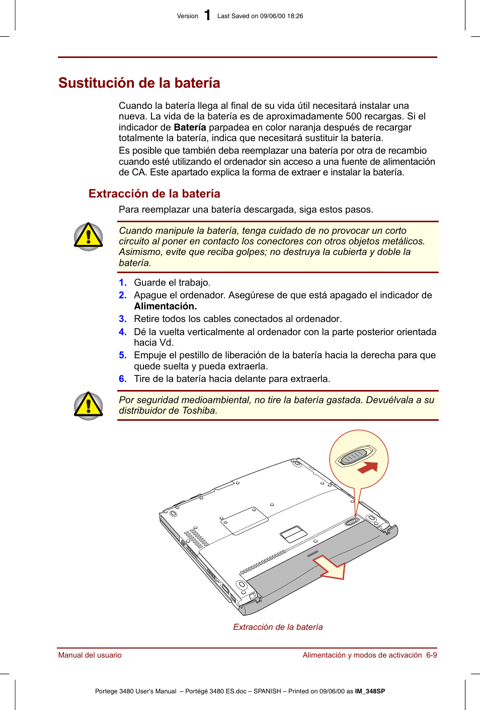 Sustitución de la batería, Sustitución de la batería -9, Extracción de la batería -9 | Extracción de la batería | Toshiba Portege 3440 User Manual | Page 80 / 213