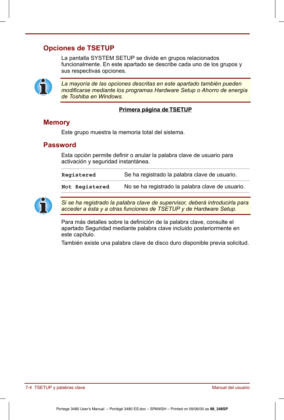 Opciones de tsetup -4 memory -4 password -4, Opciones de tsetup, Password | Toshiba Portege 3440 User Manual | Page 93 / 213