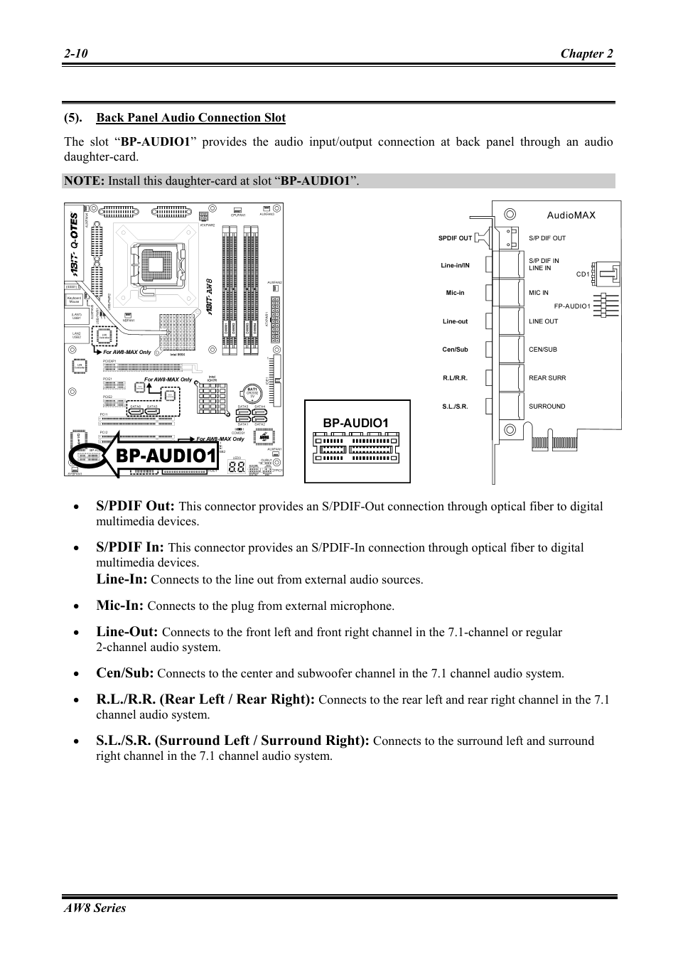 Back panel audio connection slot -10 | Abit Intel Pentium 4 System Board Socket 775 AW8 User Manual | Page 18 / 80