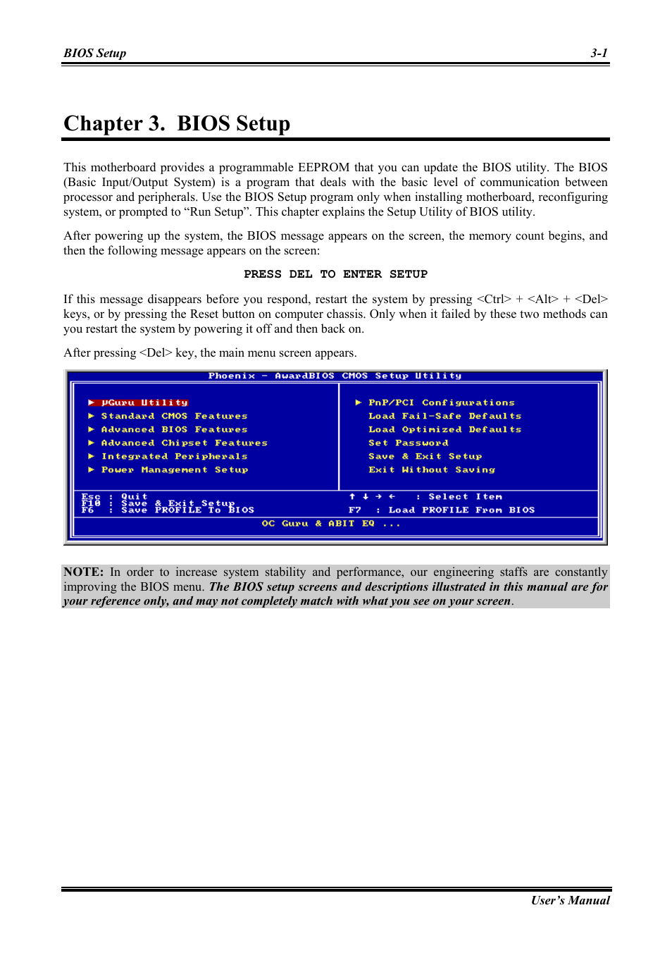 Bios setup, Chapter 3, Bios setup -1 | Chapter 3. bios setup | Abit Intel Pentium 4 System Board Socket 775 AW8 User Manual | Page 29 / 80