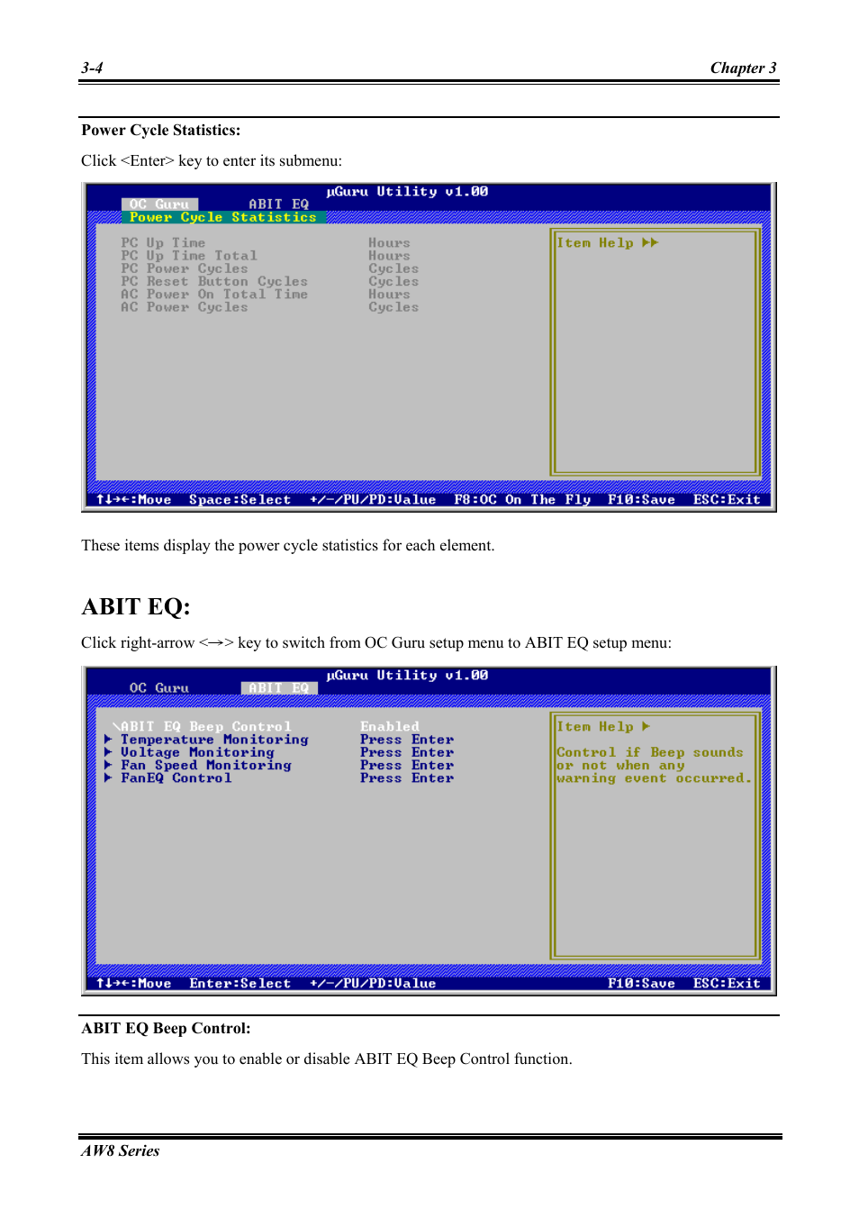 Power cycle statistics, Abit eq, Abit eq beep control | Abit Intel Pentium 4 System Board Socket 775 AW8 User Manual | Page 32 / 80