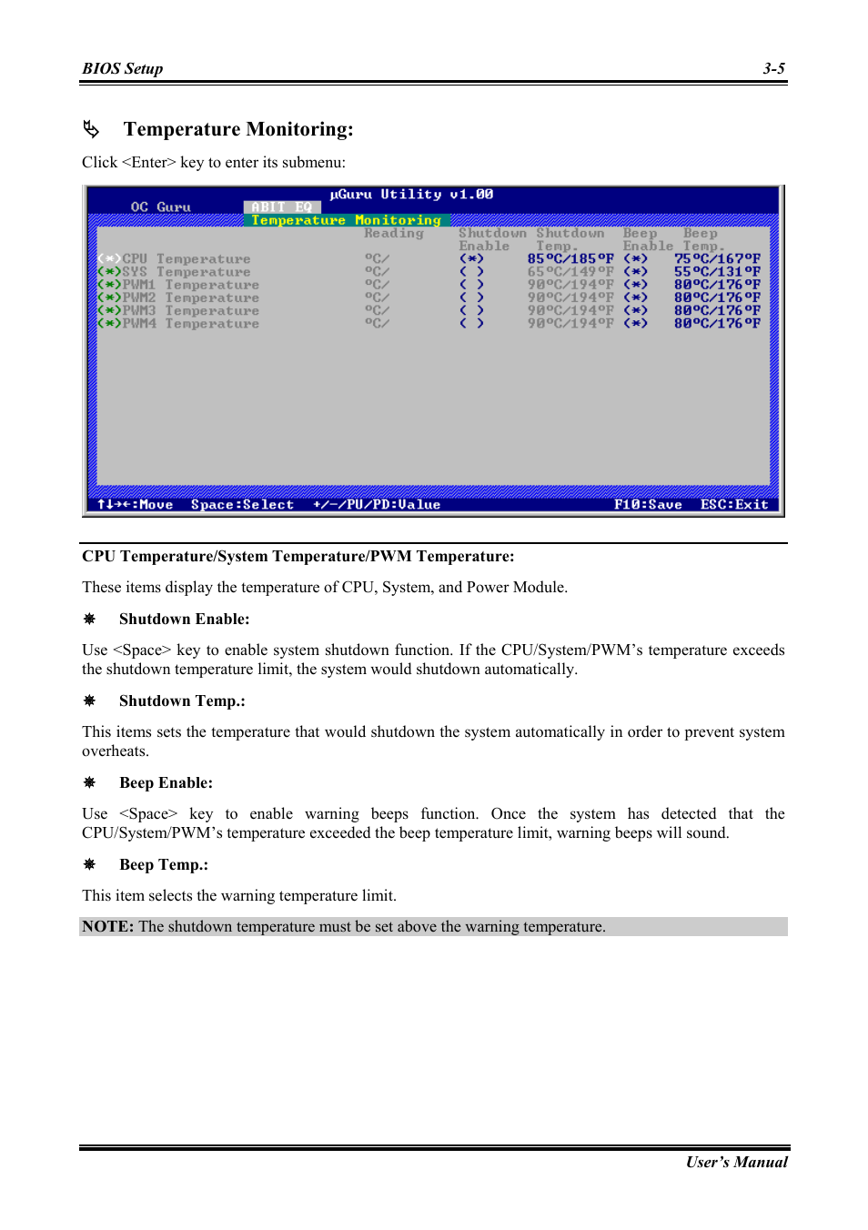 Cpu temperature/system temperature/pwm temperature, Temperature monitoring | Abit Intel Pentium 4 System Board Socket 775 AW8 User Manual | Page 33 / 80