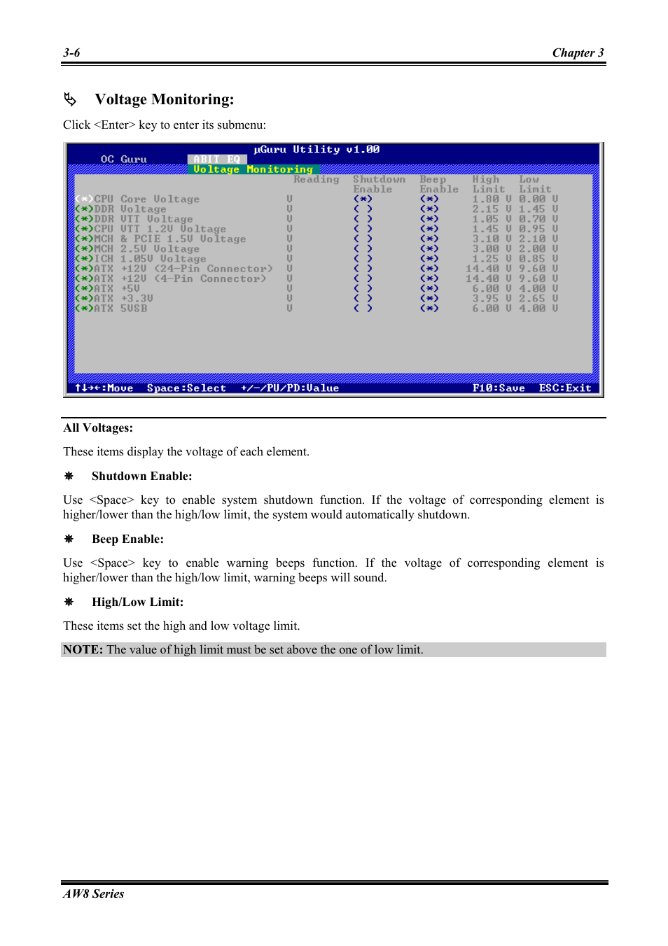 All voltages, Voltage monitoring | Abit Intel Pentium 4 System Board Socket 775 AW8 User Manual | Page 34 / 80
