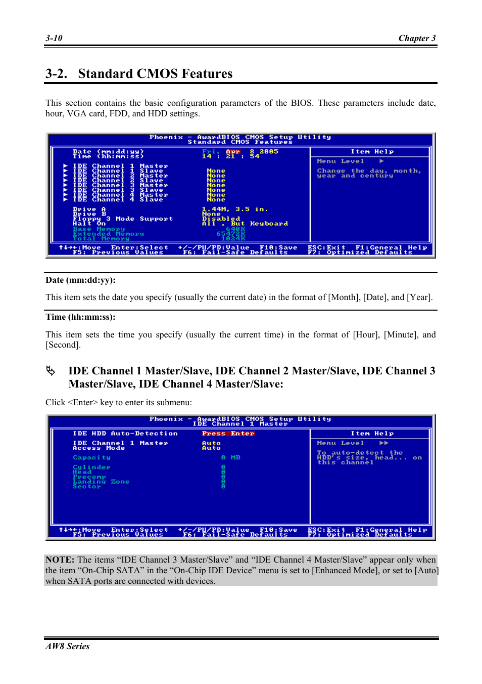 Standard cmos features, Date (mm:dd:yy), Time (hh:mm:ss) | Standard cmos features -10, 2. standard cmos features | Abit Intel Pentium 4 System Board Socket 775 AW8 User Manual | Page 38 / 80