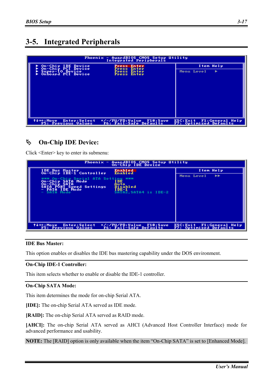 Integrated peripherals, Ide bus master, On-chip ide-1 controller | On-chip sata mode, Integrated peripherals -17, 5. integrated peripherals | Abit Intel Pentium 4 System Board Socket 775 AW8 User Manual | Page 45 / 80