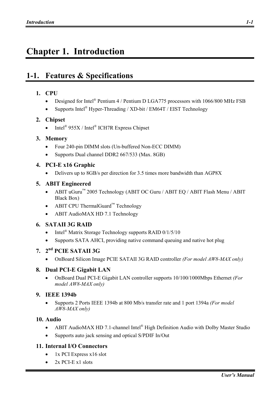 Introduction, Features & specifications, Chapter 1 | Introduction -1, Features & specifications -1, Chapter 1. introduction, 1. features & specifications | Abit Intel Pentium 4 System Board Socket 775 AW8 User Manual | Page 5 / 80