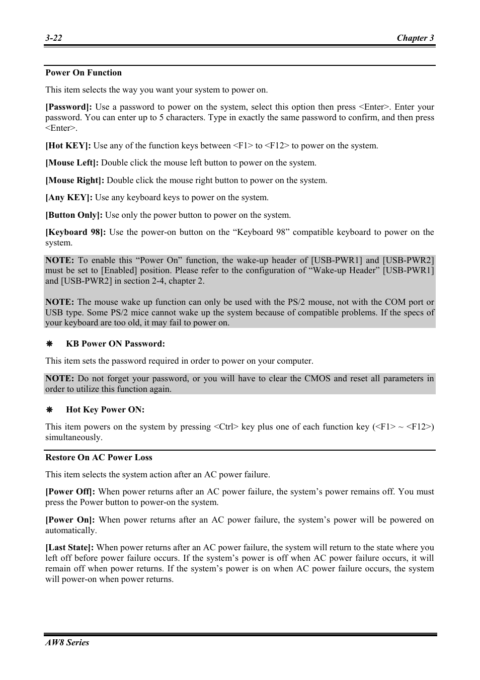 Power on function, Restore on ac power loss | Abit Intel Pentium 4 System Board Socket 775 AW8 User Manual | Page 50 / 80