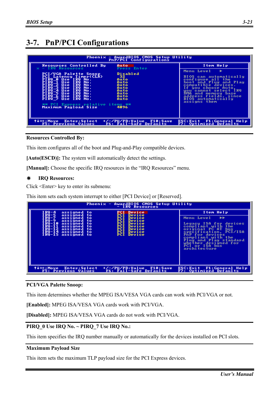 Pnp/pci configurations, Resources controlled by, Pci/vga palette snoop | Pirq_0 use irq no. ~ pirq_7 use irq no, Maximum payload size, Pnp/pci configurations -23, 7. pnp/pci configurations | Abit Intel Pentium 4 System Board Socket 775 AW8 User Manual | Page 51 / 80