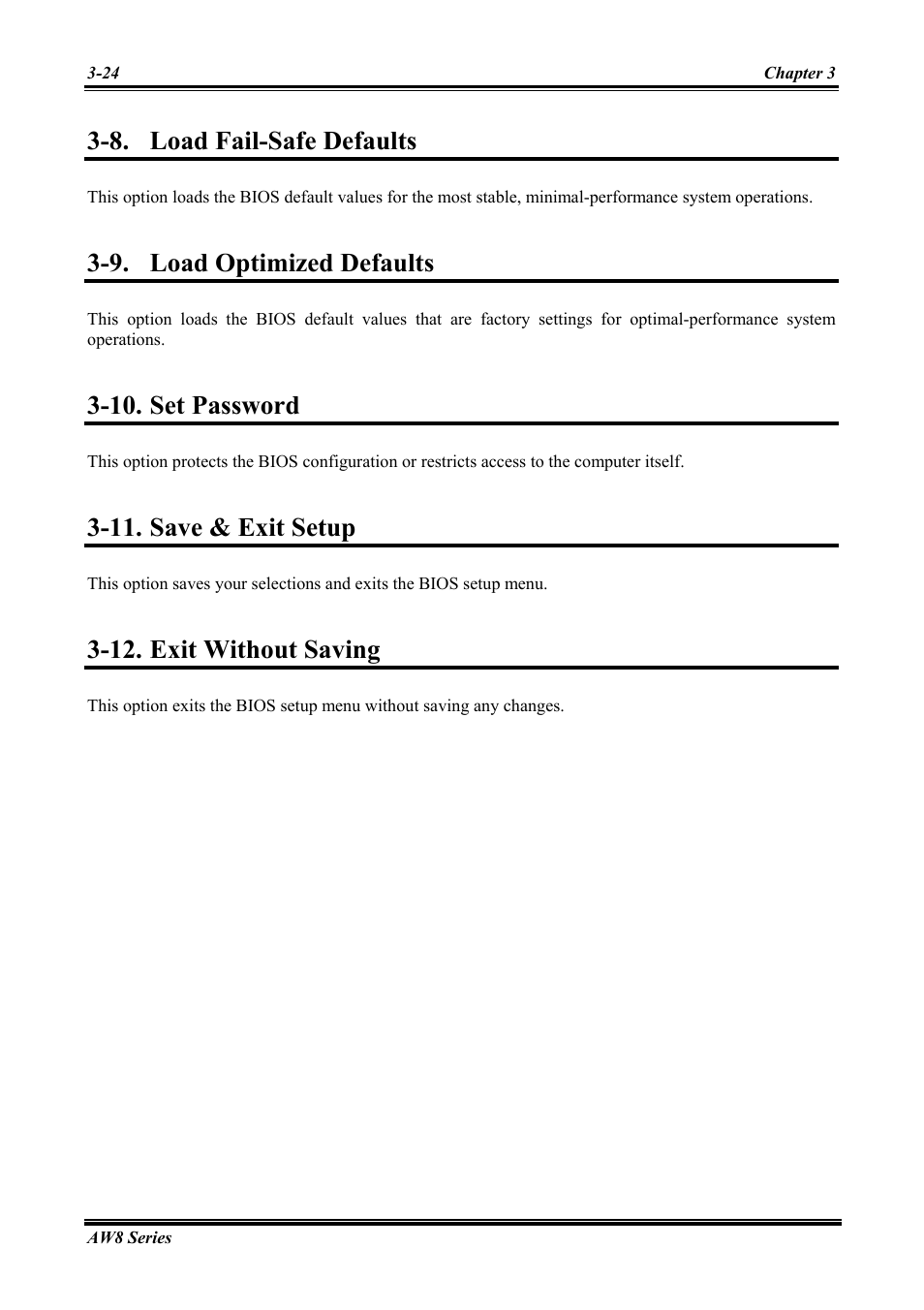 Load fail-safe defaults, Load optimized defaults, Set password | Save & exit setup, Exit without saving, Load fail-safe defaults -24, Load optimized defaults -24, Set password -24, Save & exit setup -24, Exit without saving -24 | Abit Intel Pentium 4 System Board Socket 775 AW8 User Manual | Page 52 / 80
