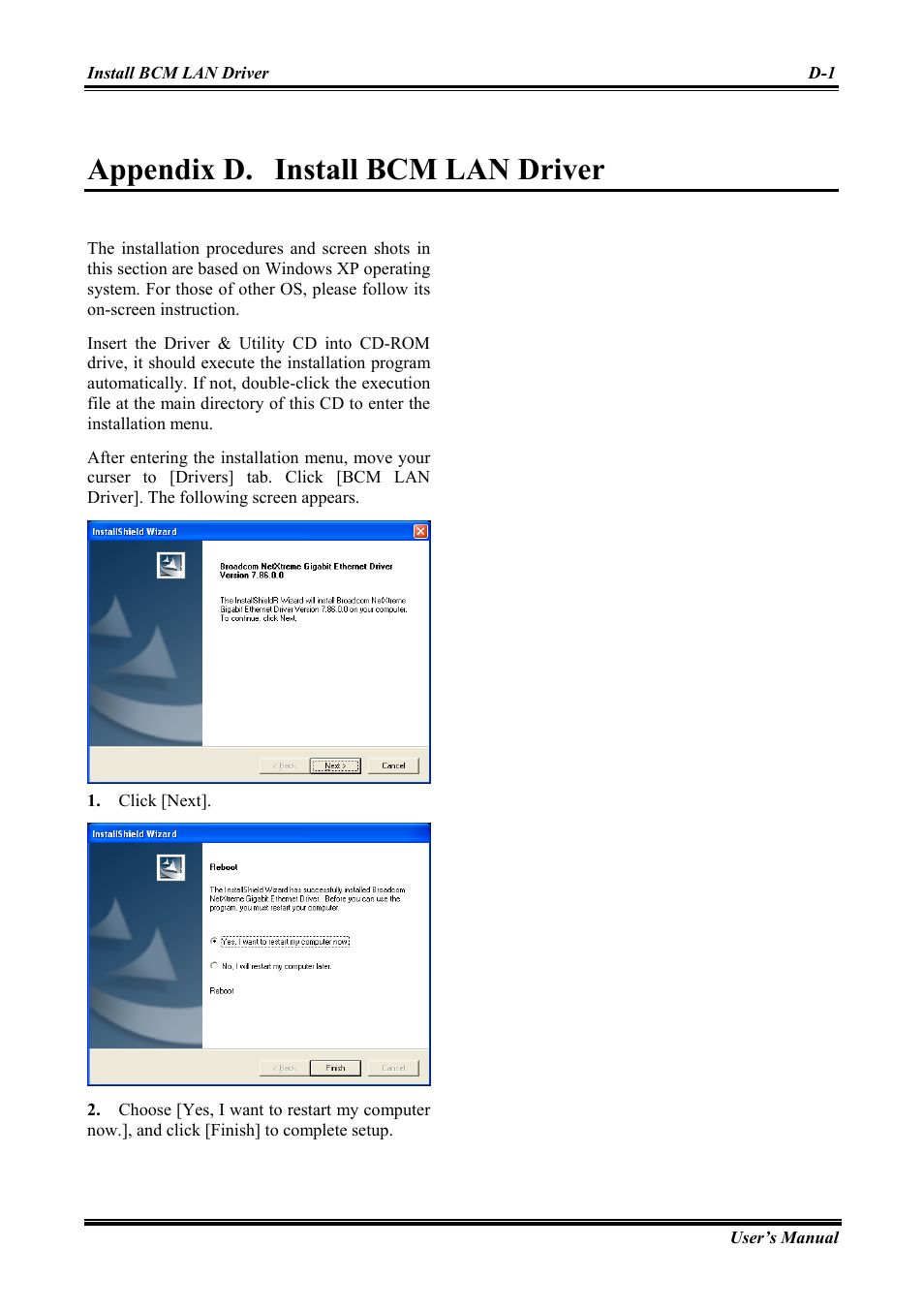 Install bcm lan driver, Appendix d, Appendix d. install bcm lan driver | Abit Intel Pentium 4 System Board Socket 775 AW8 User Manual | Page 59 / 80
