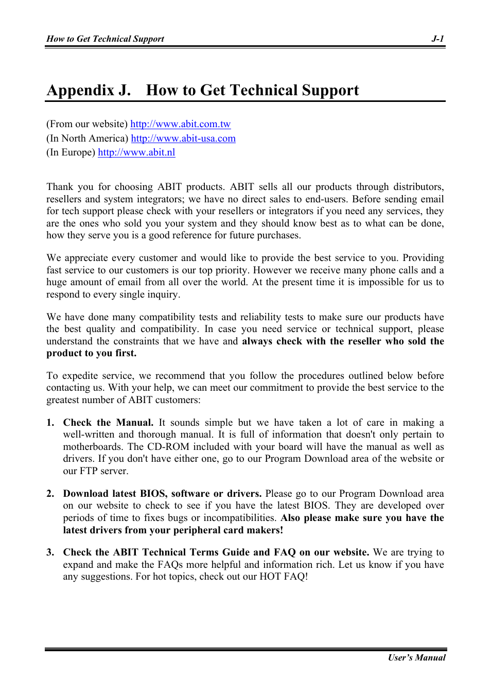 How to get technical support, Appendix j, Appendix j. how to get technical support | Abit Intel Pentium 4 System Board Socket 775 AW8 User Manual | Page 77 / 80