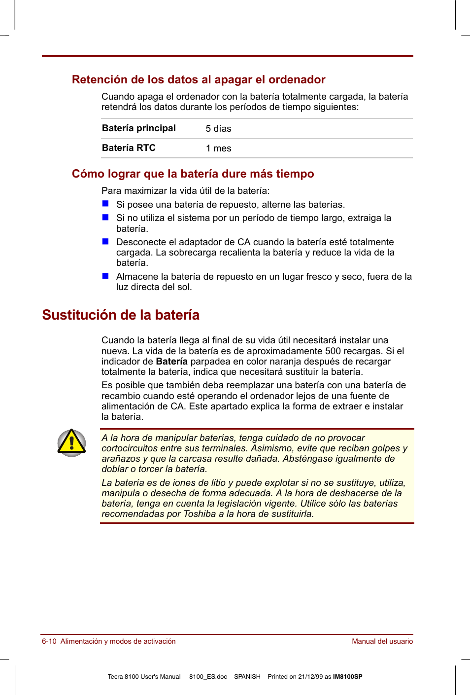 Sustitución de la batería, Sustitución de la batería -10, Retención de los datos al apagar el ordenador | Cómo lograr que la batería dure más tiempo | Toshiba Tecra 8100 User Manual | Page 100 / 238
