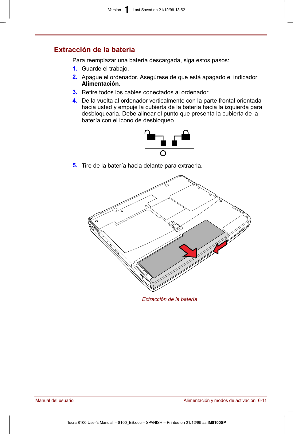 Extracción de la batería -11, Extracción de la batería | Toshiba Tecra 8100 User Manual | Page 101 / 238