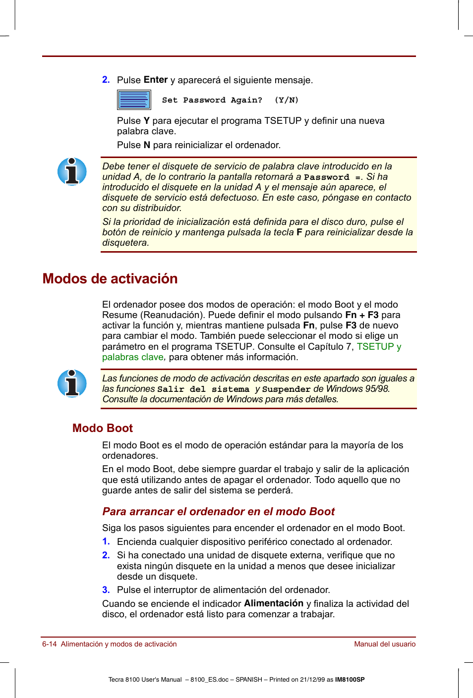 Modos de activación, Modos de activación -14, Modo boot -14 | Modo boot | Toshiba Tecra 8100 User Manual | Page 104 / 238