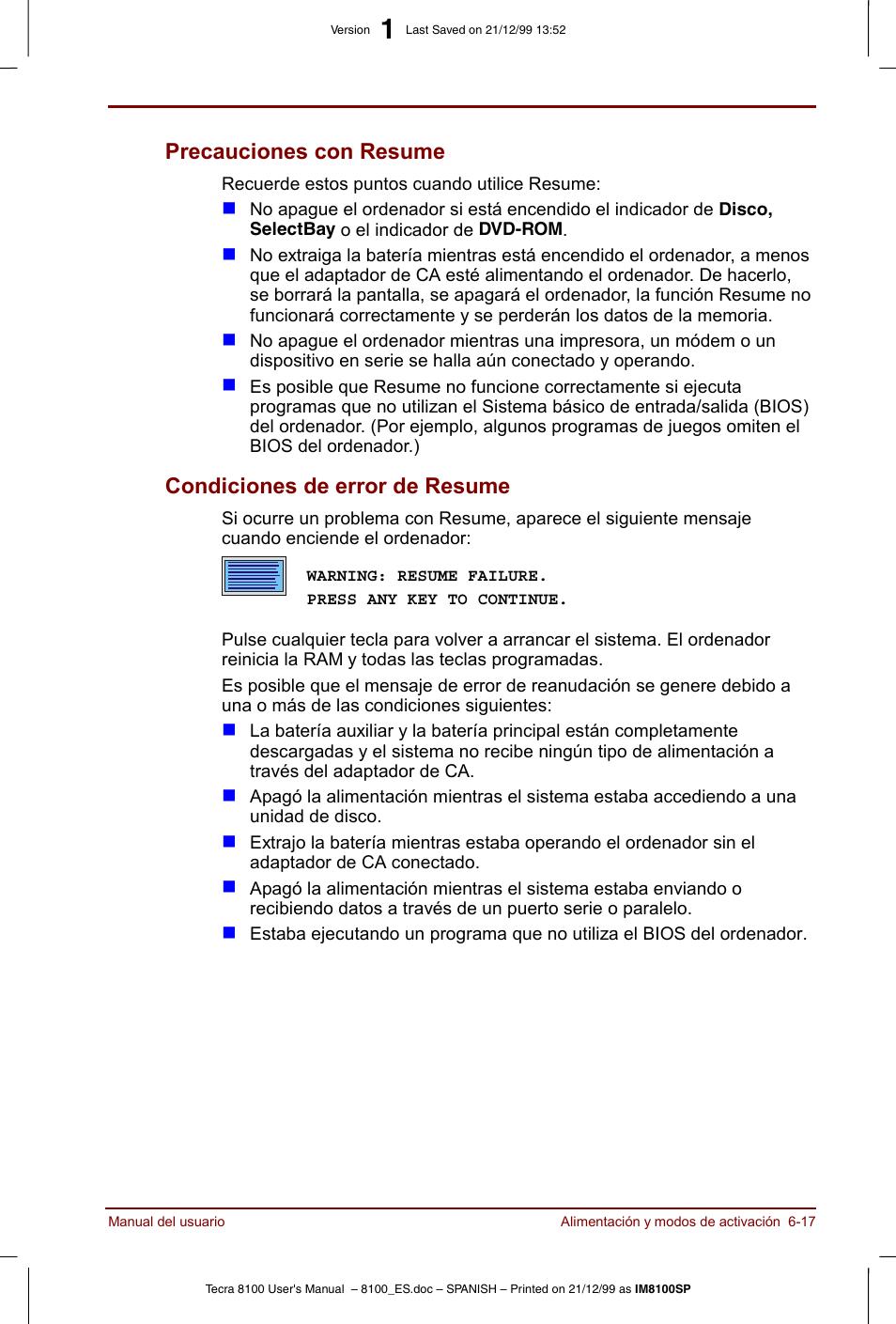 Precauciones con resume, Condiciones de error de resume | Toshiba Tecra 8100 User Manual | Page 107 / 238