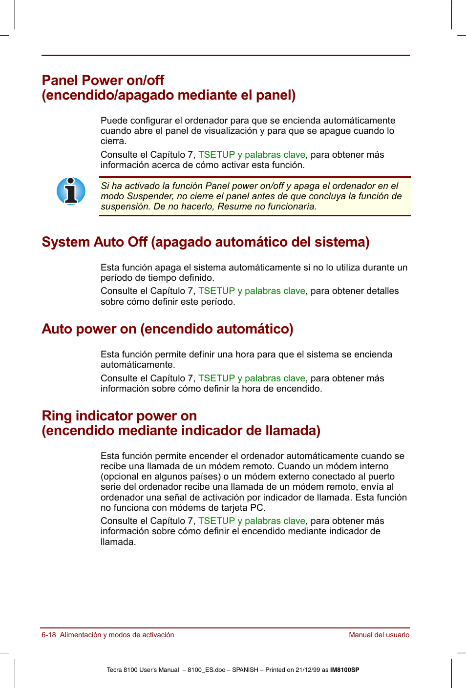 System auto off (apagado automático del sistema), Auto power on (encendido automático), Encendido mediante indicador de llamada) -18 | Toshiba Tecra 8100 User Manual | Page 108 / 238