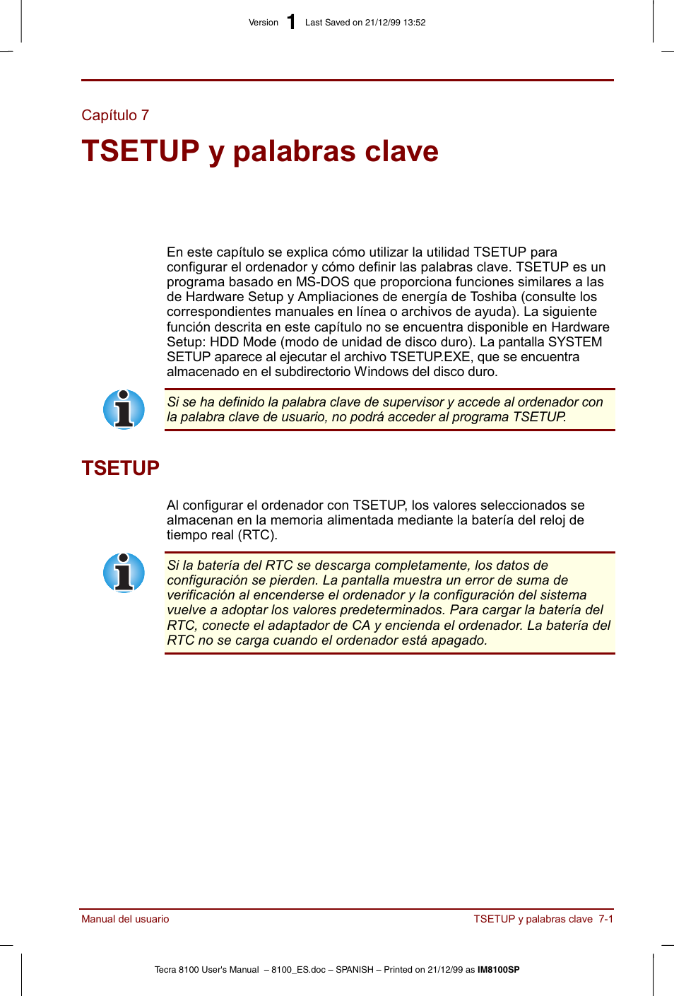 Capítulo 7, Tsetup y palabras clave, Tsetup | Capítulo 7: tsetup y palabras clave, Tsetup -1, Lea también, Tsetup y, Palabras clave, Para obtener más, Para obtener detalles | Toshiba Tecra 8100 User Manual | Page 109 / 238