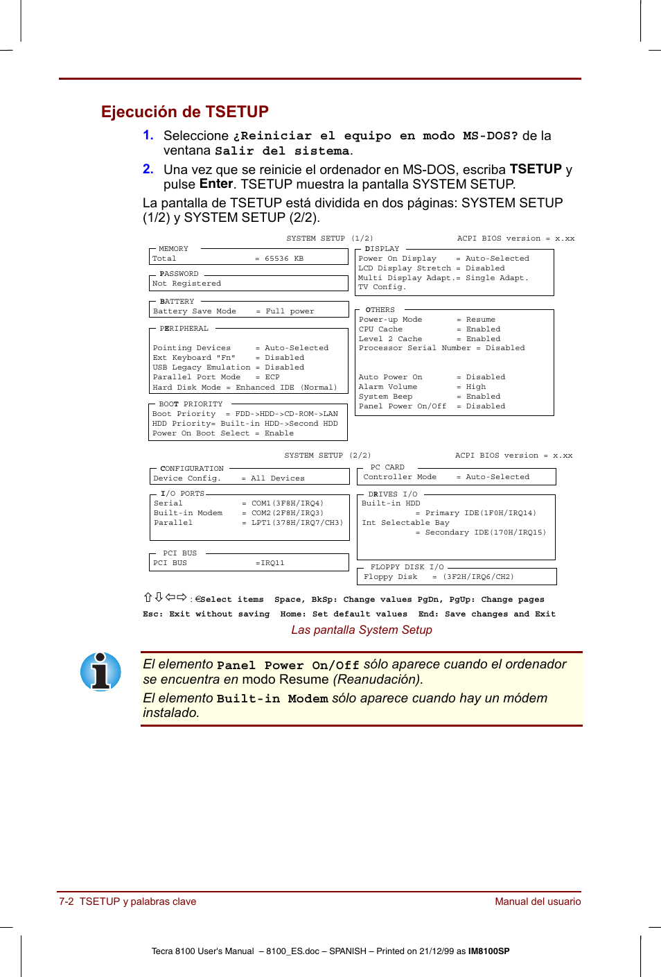 Ejecución de tsetup -2, Ejecución de tsetup, Чшхц | Las pantalla system setup | Toshiba Tecra 8100 User Manual | Page 110 / 238