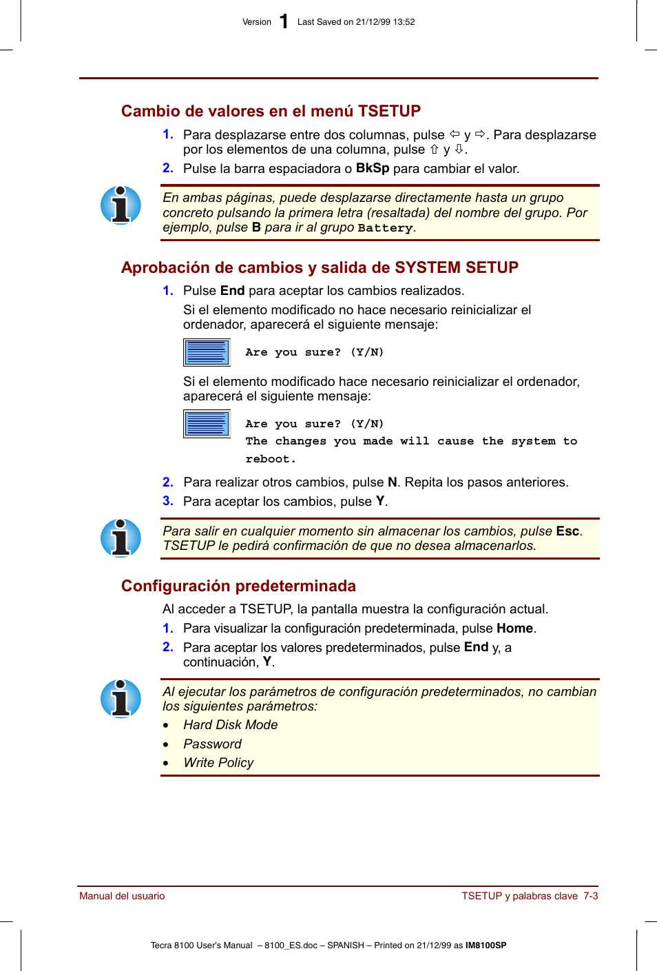 Cambio de valores en el menú tsetup, Aprobación de cambios y salida de system setup, Configuración predeterminada | Toshiba Tecra 8100 User Manual | Page 111 / 238