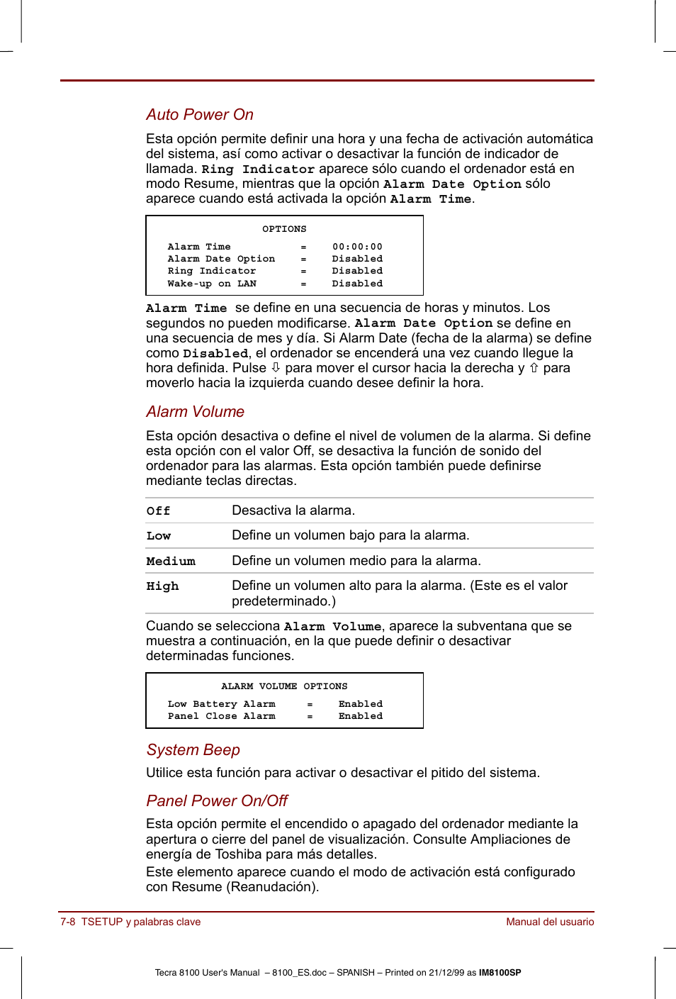 Auto power on, Alarm volume, System beep | Panel power on/off | Toshiba Tecra 8100 User Manual | Page 116 / 238