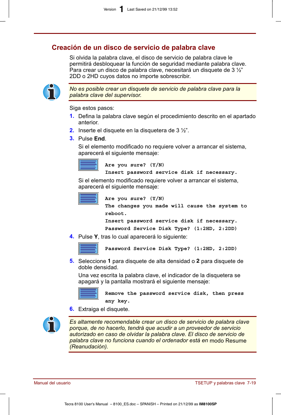 Creación de un disco de servicio de palabra clave | Toshiba Tecra 8100 User Manual | Page 127 / 238
