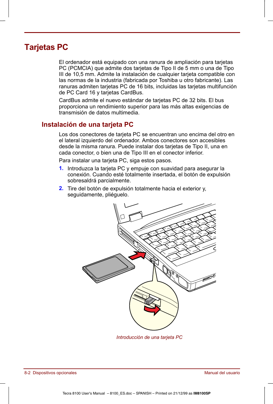 Tarjetas pc, Tarjetas pc -2, Instalación de una tarjeta pc -2 | Instalación de una tarjeta pc | Toshiba Tecra 8100 User Manual | Page 130 / 238