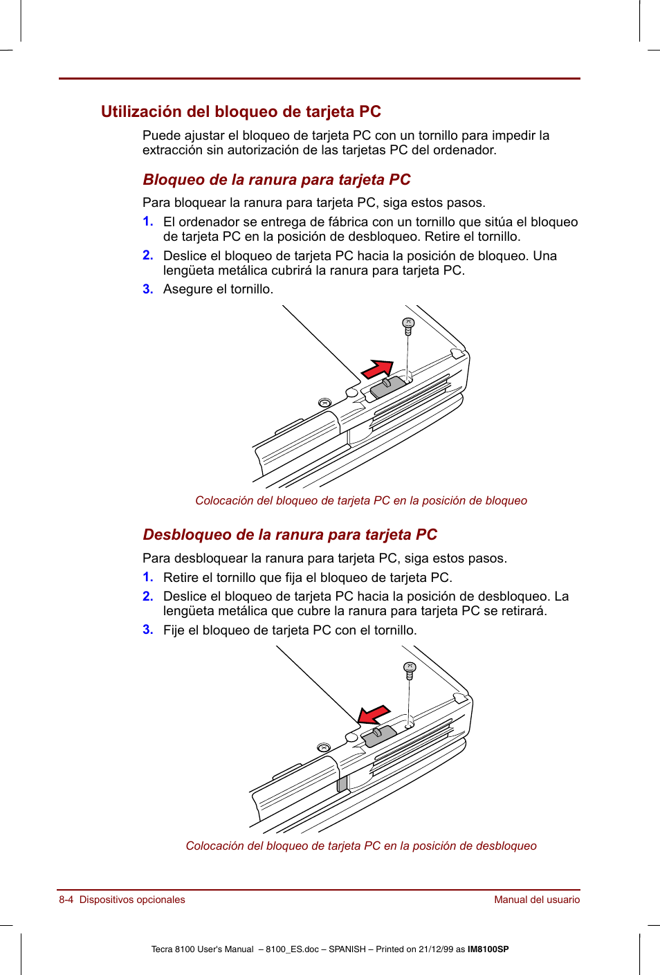 Utilización del bloqueo de tarjeta pc -4, Utilización del bloqueo de tarjeta pc | Toshiba Tecra 8100 User Manual | Page 132 / 238