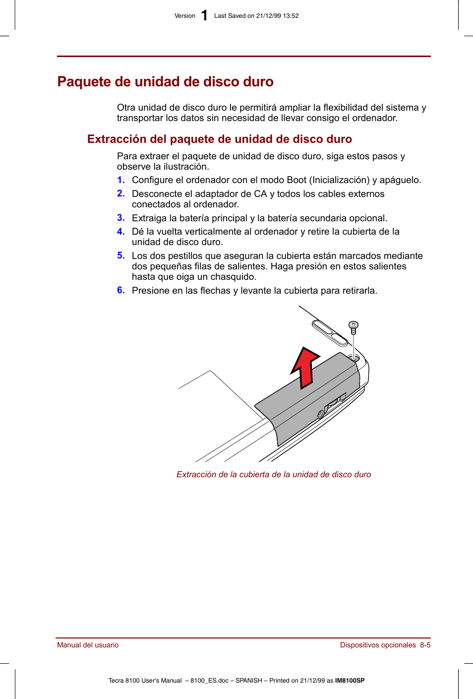 Paquete de unidad de disco duro, Paquete de unidad de disco duro -5, Extracción del paquete de unidad de disco duro -5 | Extracción del paquete de unidad de disco duro | Toshiba Tecra 8100 User Manual | Page 133 / 238