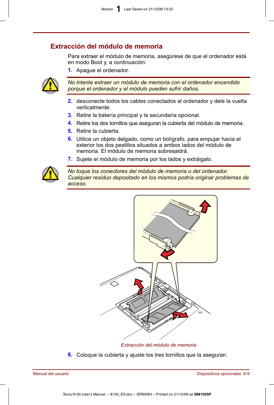 Extracción del módulo de memoria -9 | Toshiba Tecra 8100 User Manual | Page 137 / 238