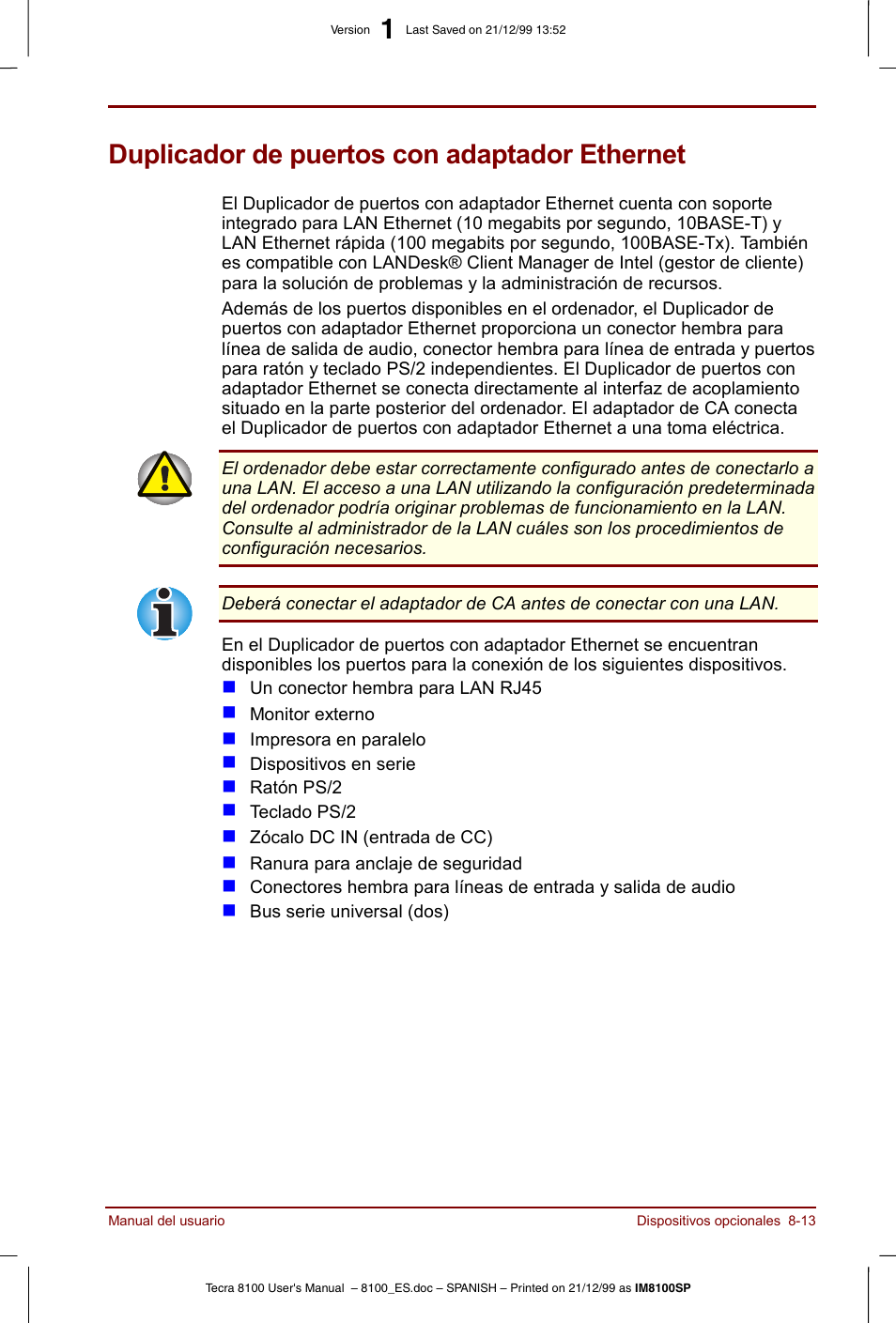 Duplicador de puertos con adaptador ethernet, Duplicador de puertos con adaptador ethernet -13 | Toshiba Tecra 8100 User Manual | Page 141 / 238