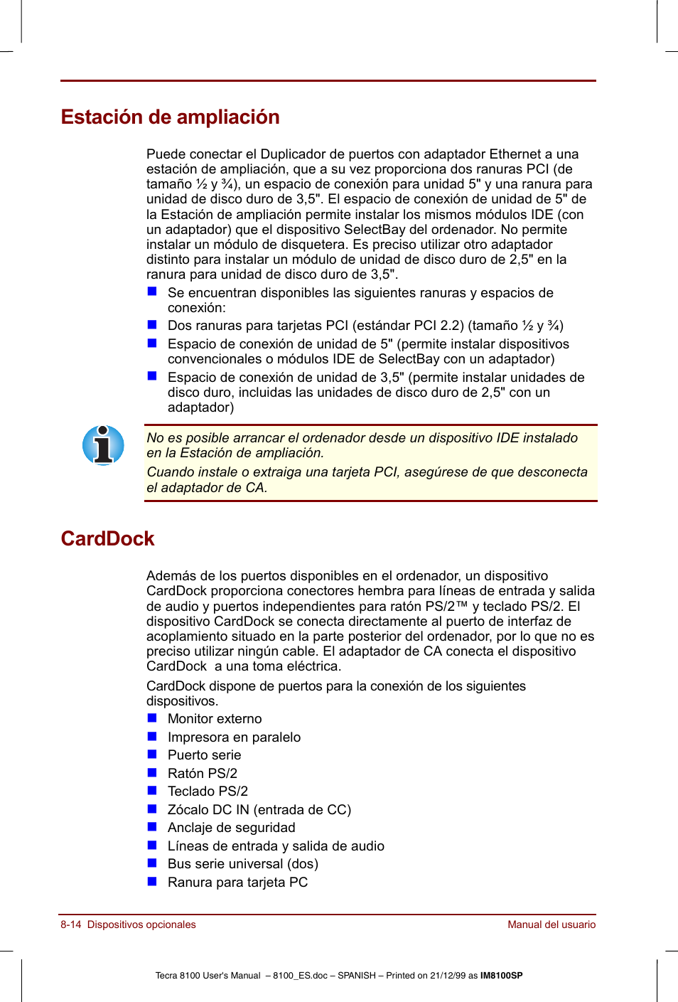 Estación de ampliación, Carddock, Estación de ampliación -14 carddock -14 | Toshiba Tecra 8100 User Manual | Page 142 / 238