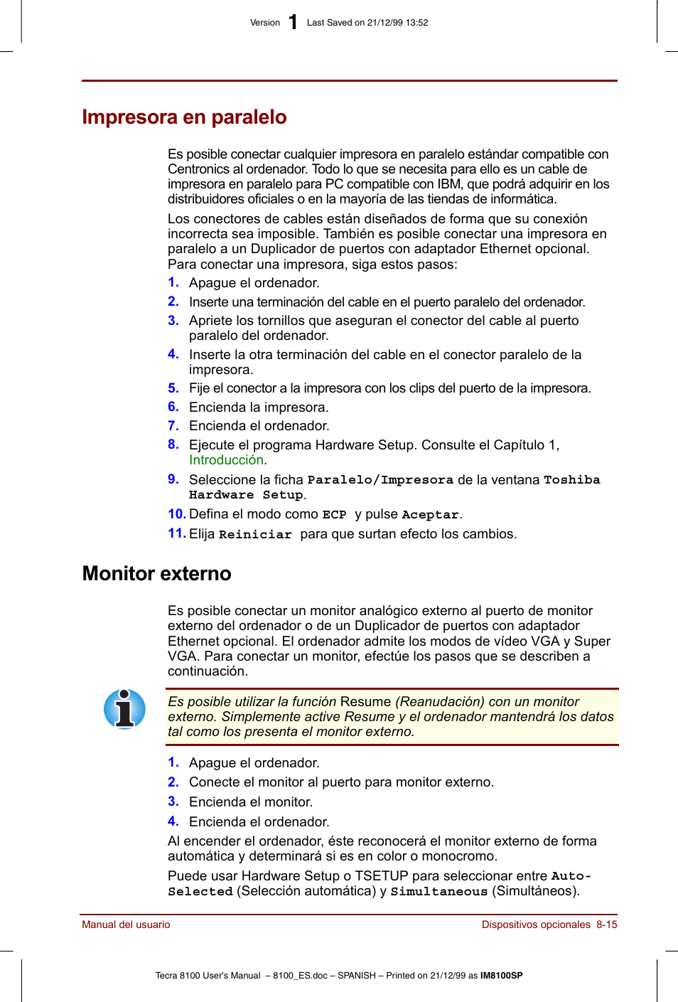 Impresora en paralelo, Monitor externo, Impresora en paralelo -15 monitor externo -15 | Toshiba Tecra 8100 User Manual | Page 143 / 238