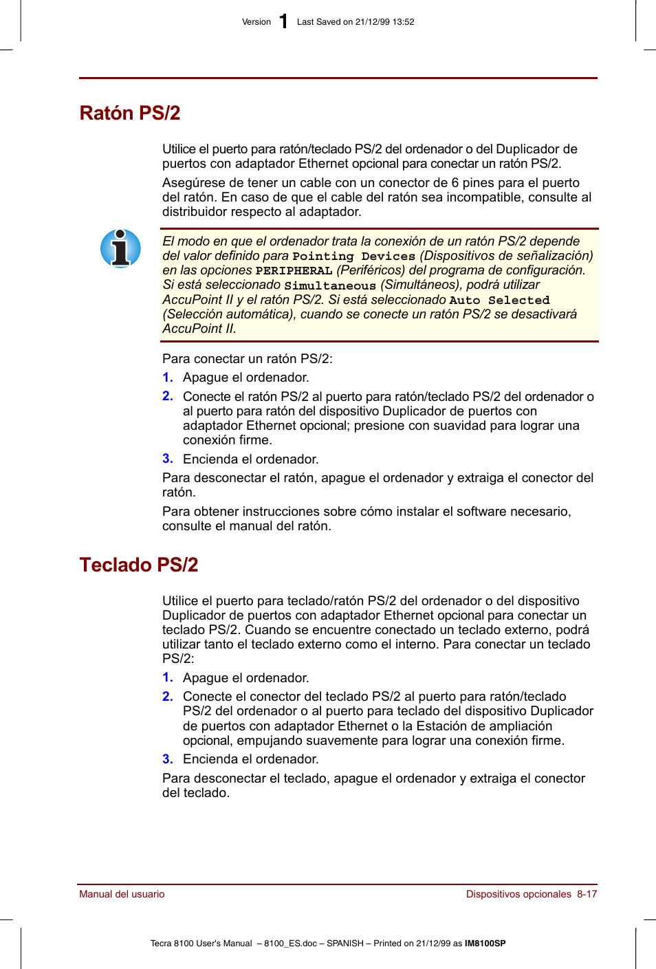 Ratón ps/2, Teclado ps/2, Ratón ps/2 -17 teclado ps/2 -17 | Toshiba Tecra 8100 User Manual | Page 145 / 238