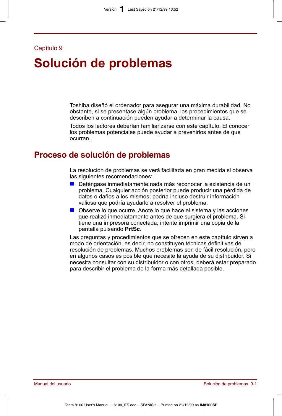 Capítulo 9, Solución de problemas, Proceso de solución de problemas | Capítulo 9: solución de problemas, Proceso de solución de problemas -1, Proporciona información útil sobre | Toshiba Tecra 8100 User Manual | Page 147 / 238