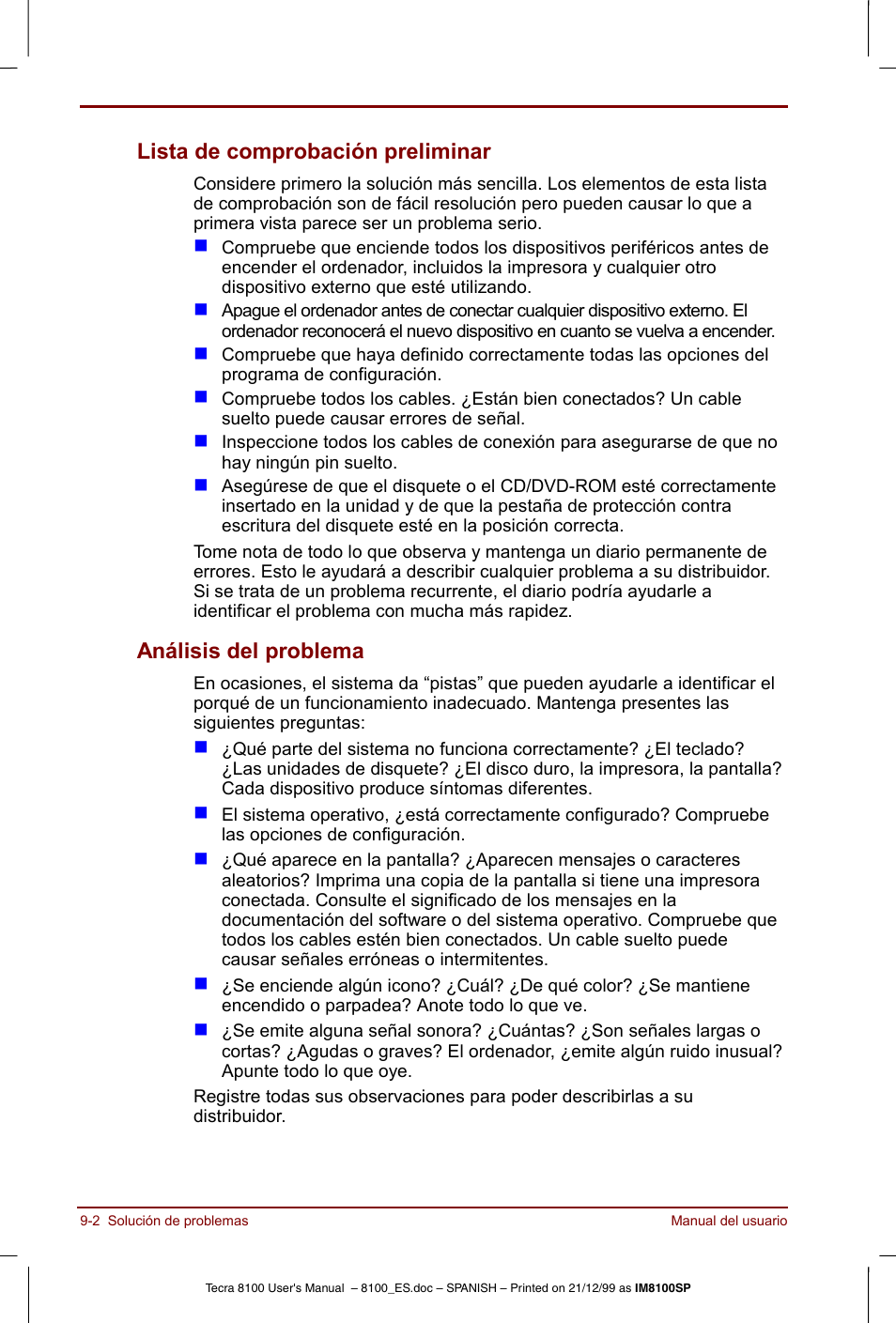Lista de comprobación preliminar, Análisis del problema | Toshiba Tecra 8100 User Manual | Page 148 / 238