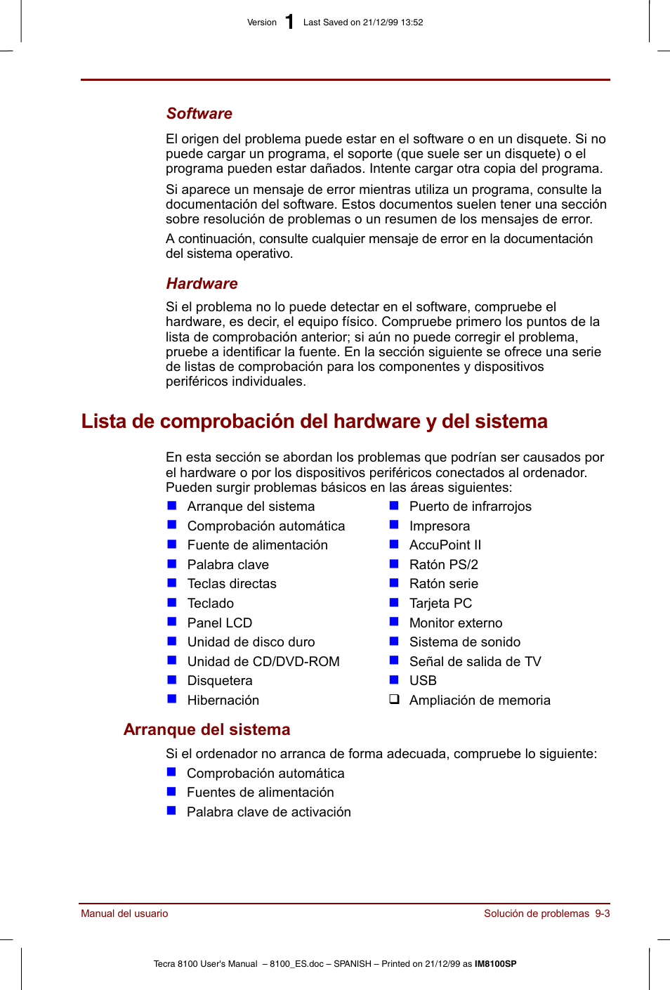 Lista de comprobación del hardware y del sistema, Arranque del sistema -3 | Toshiba Tecra 8100 User Manual | Page 149 / 238