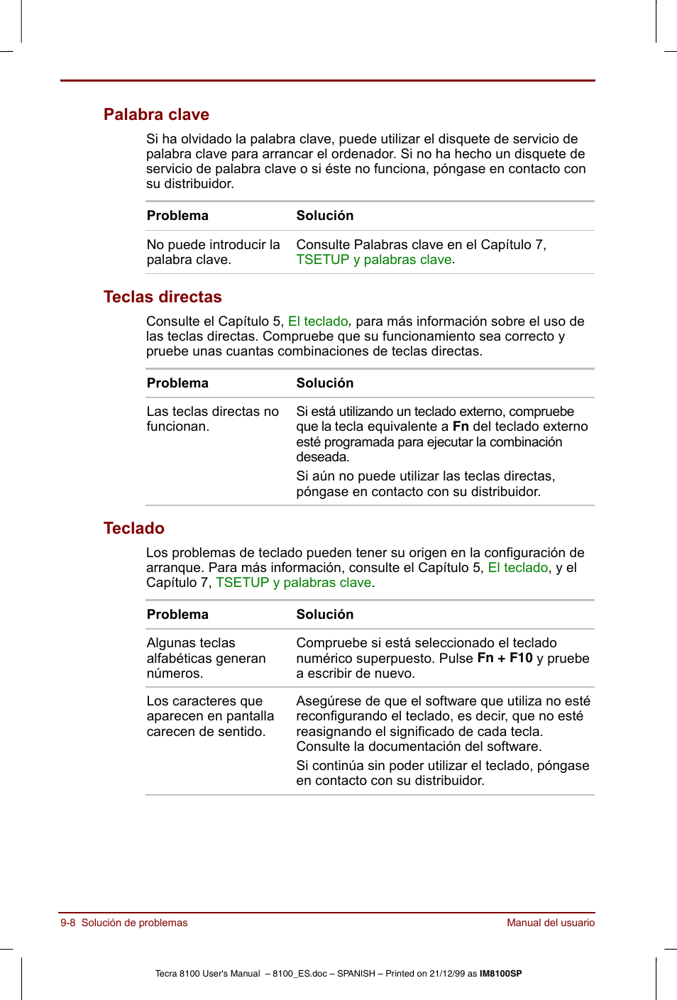 Palabra clave -8 teclas directas -8 teclado -8, Palabra clave, Teclas directas | Teclado | Toshiba Tecra 8100 User Manual | Page 154 / 238