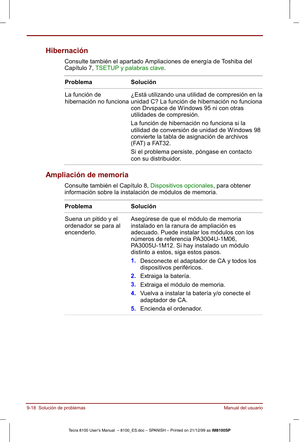 Hibernación -18 ampliación de memoria -18, Hibernación | Toshiba Tecra 8100 User Manual | Page 164 / 238