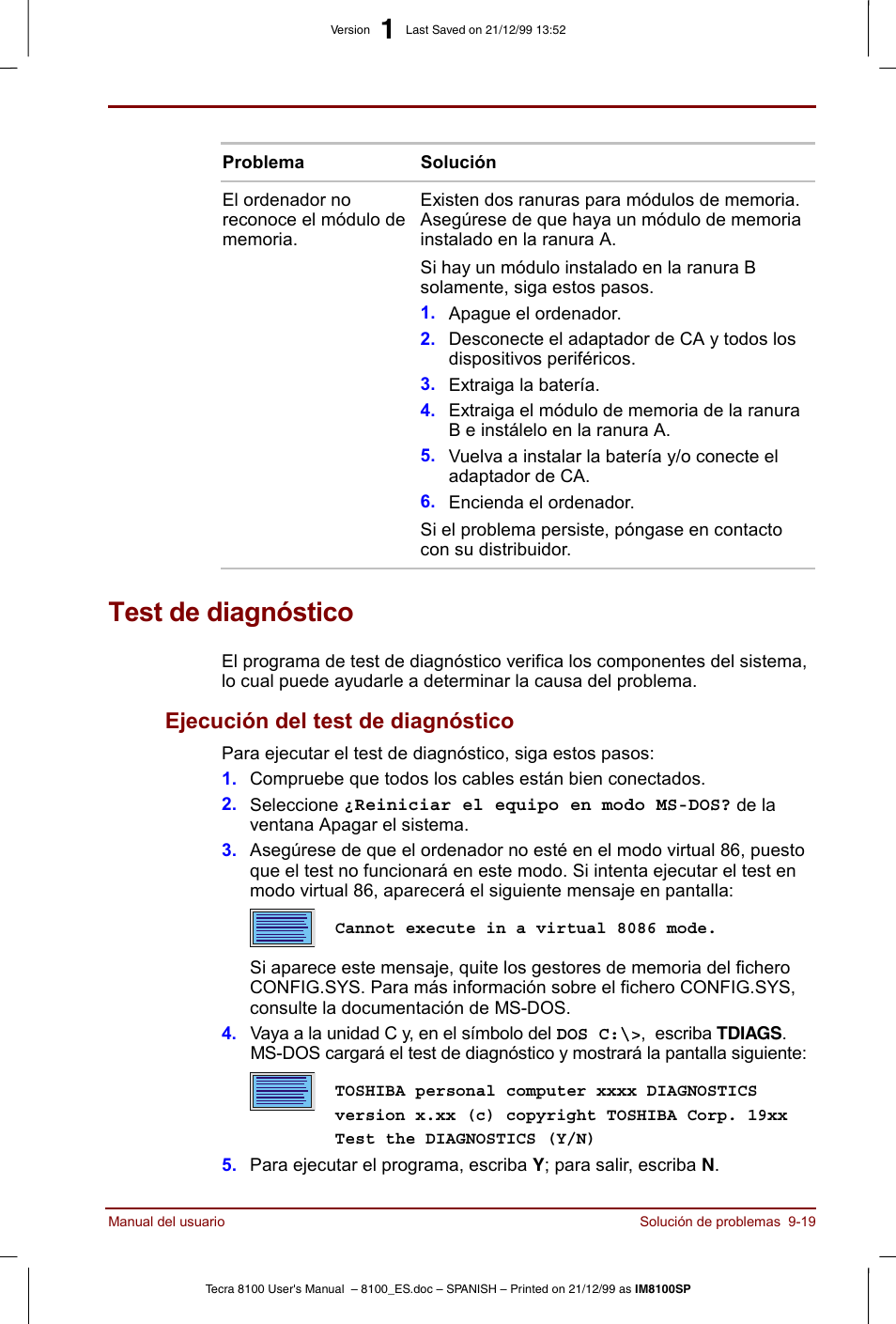 Test de diagnóstico, Test de diagnóstico -19, Ejecución del test de diagnóstico -19 | Ejecución del test de diagnóstico | Toshiba Tecra 8100 User Manual | Page 165 / 238