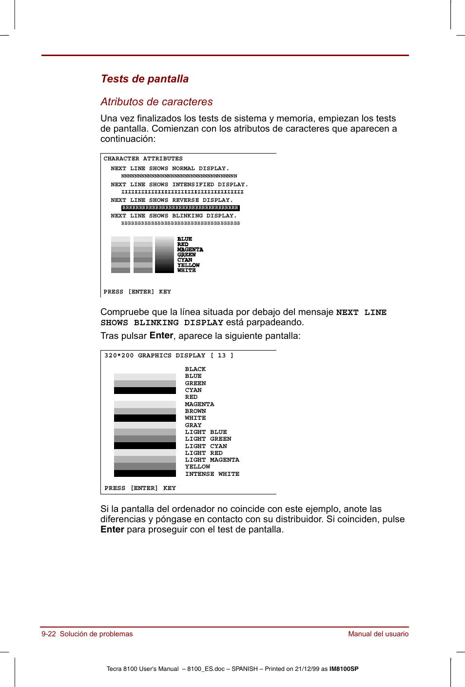 Tests de pantalla atributos de caracteres | Toshiba Tecra 8100 User Manual | Page 168 / 238