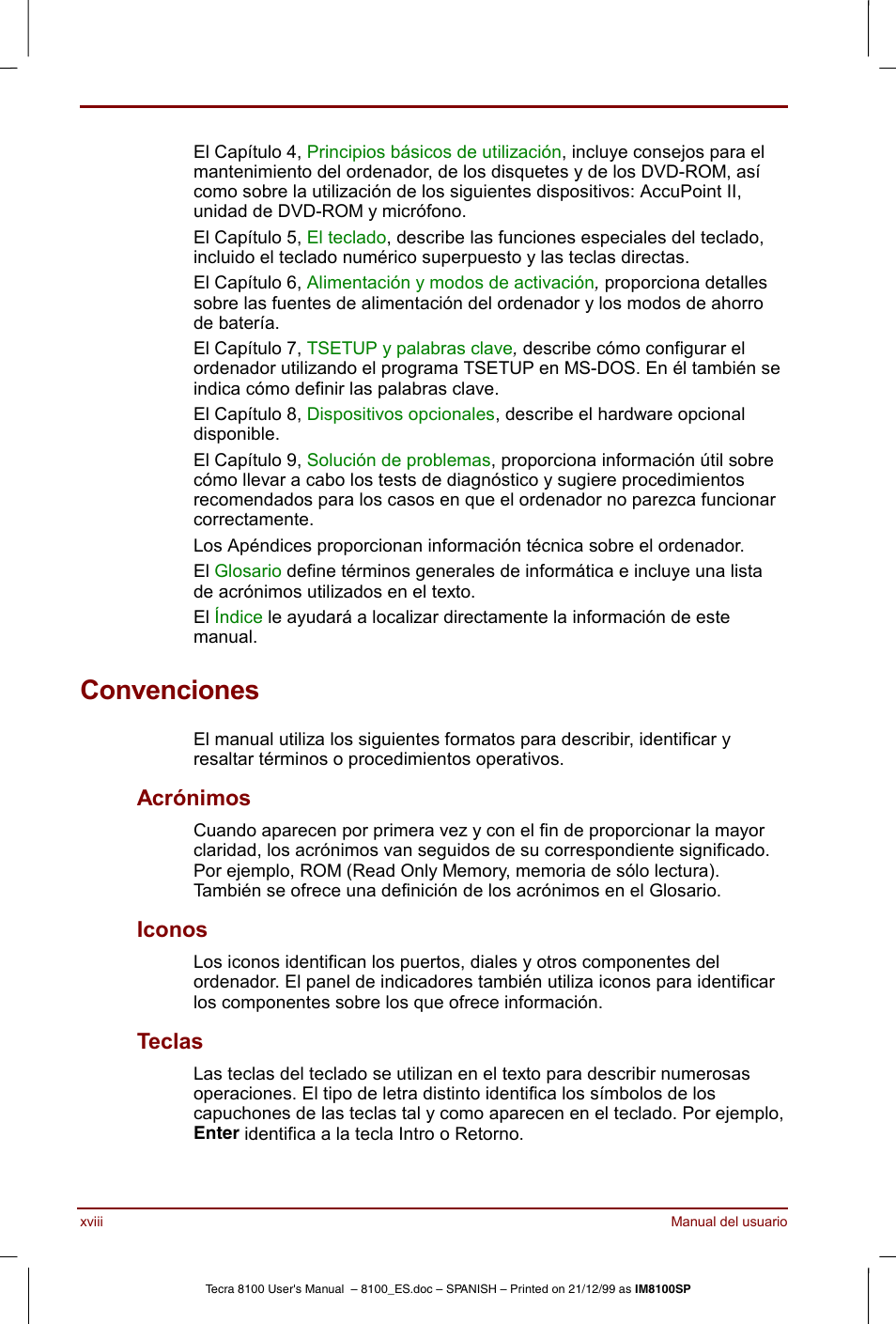 Convenciones, Acrónimos, Iconos | Teclas | Toshiba Tecra 8100 User Manual | Page 18 / 238