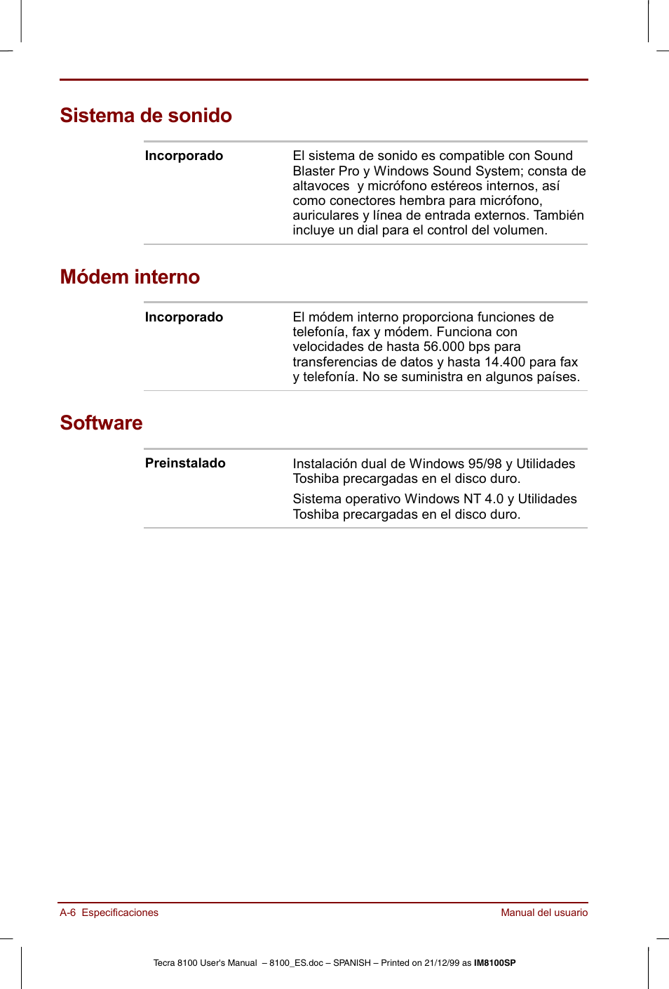 Sistema de sonido, Módem interno, Software | Toshiba Tecra 8100 User Manual | Page 180 / 238