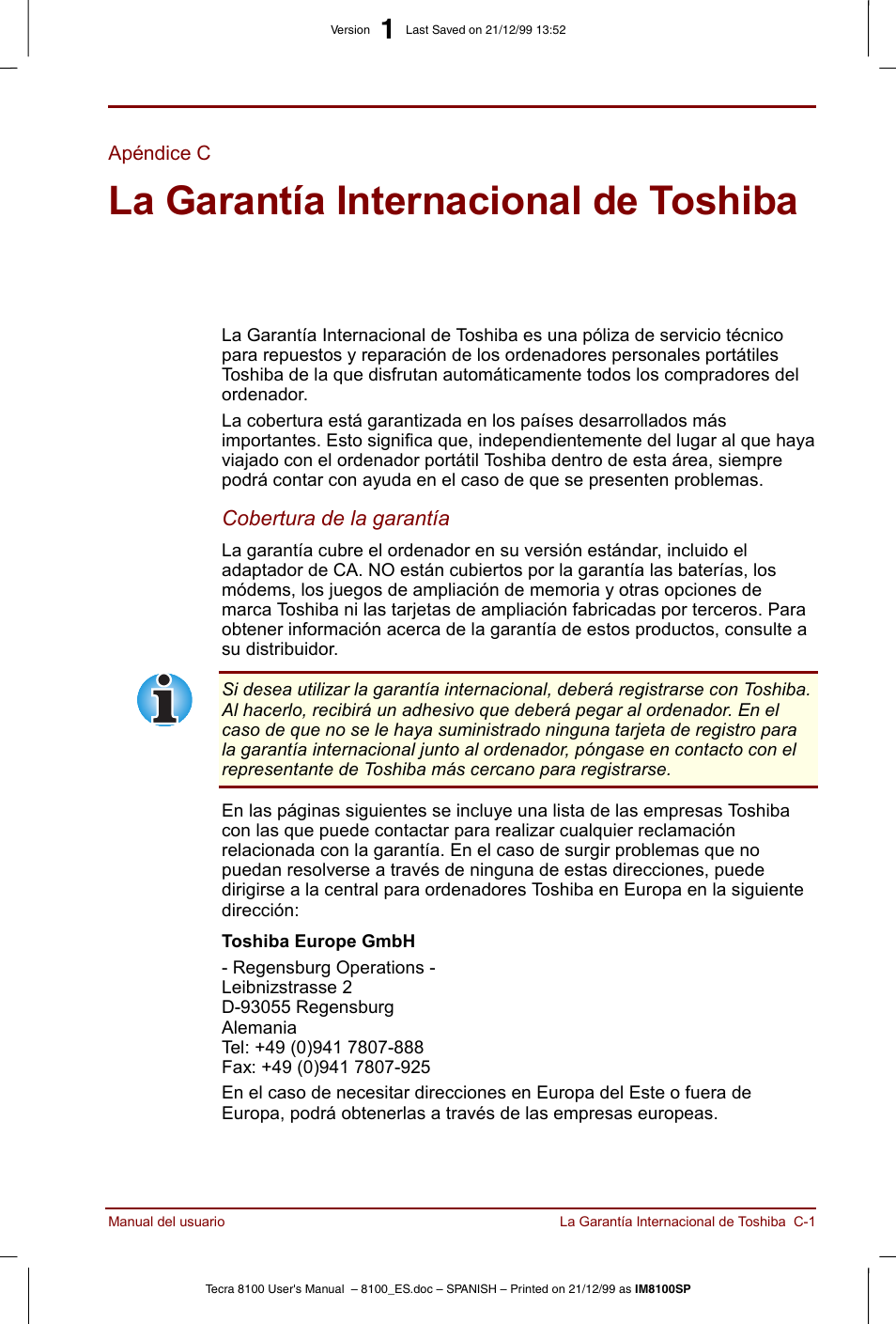 Apéndice c, La garantía internacional de toshiba | Toshiba Tecra 8100 User Manual | Page 185 / 238