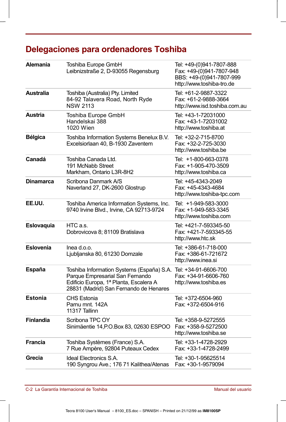 Delegaciones para ordenadores toshiba | Toshiba Tecra 8100 User Manual | Page 186 / 238