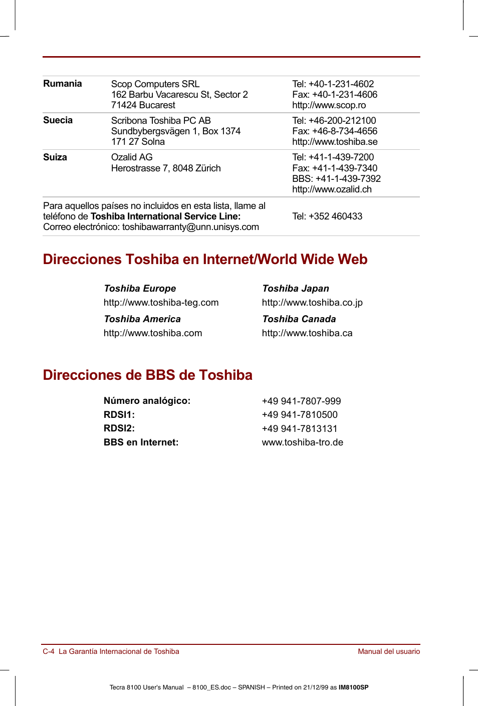 Direcciones toshiba en internet/world wide web, Direcciones de bbs de toshiba | Toshiba Tecra 8100 User Manual | Page 188 / 238