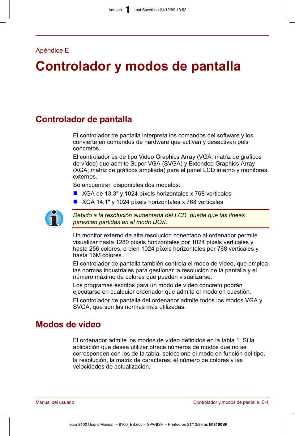 Apéndice e, Controlador y modos de pantalla, Controlador de pantalla | Modos de vídeo | Toshiba Tecra 8100 User Manual | Page 195 / 238